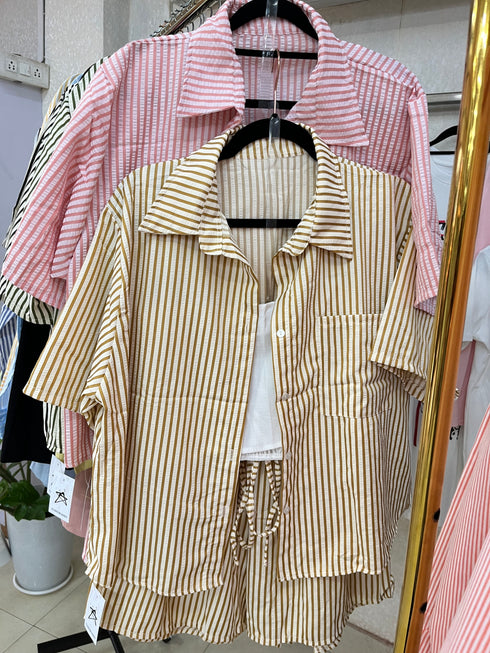 Summer Short Sleeves Strips Shirts With Short and Crop Camisoley